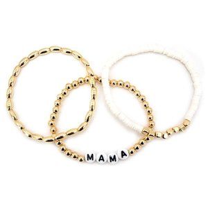 WHITE TILED 'MAMA' WHITE AND GOLDTONE BEADED BRACELET SET